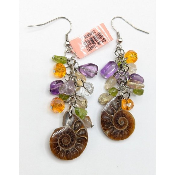 Ammonite Fossil Glass Gemstone Peridot Amethyst Bead Multicolor Cha Cha Earrings - Picture 1 of 7